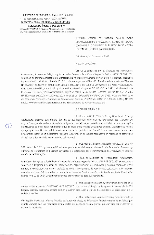 Res. Ex. N° 50-2017 (DZP VIII) Autoriza Cesión Sardina común, VIII Región.
