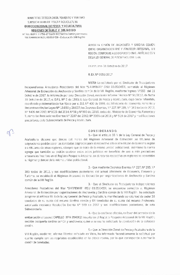 Res. Ex. N° 51-2017 (DZP VIII) Autoriza Cesión Anchoveta y Sardina común, VIII Región.