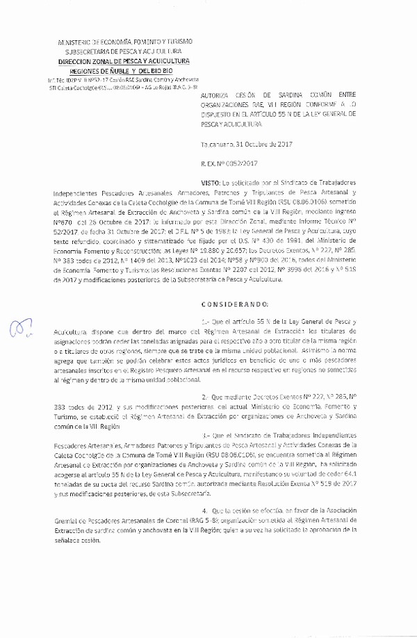 Res. Ex. N° 52-2017 (DZP VIII) Autoriza Cesión Sardina común, VIII Región.