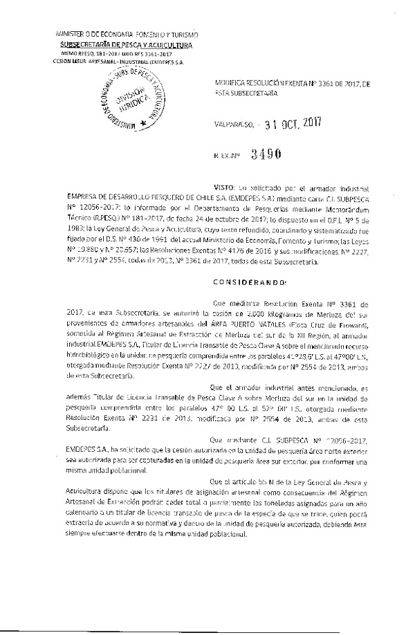 Res. Ex. N° 3490-2017 Modifica Res. Ex. N° 3361-2017 Cesión Merluza del sur, XII Región.