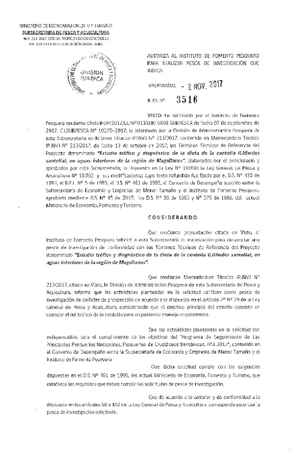Res. Ex. N° 3516-2017 Estudio trófico y diagnóstico dieta de la centolla, XII Región.