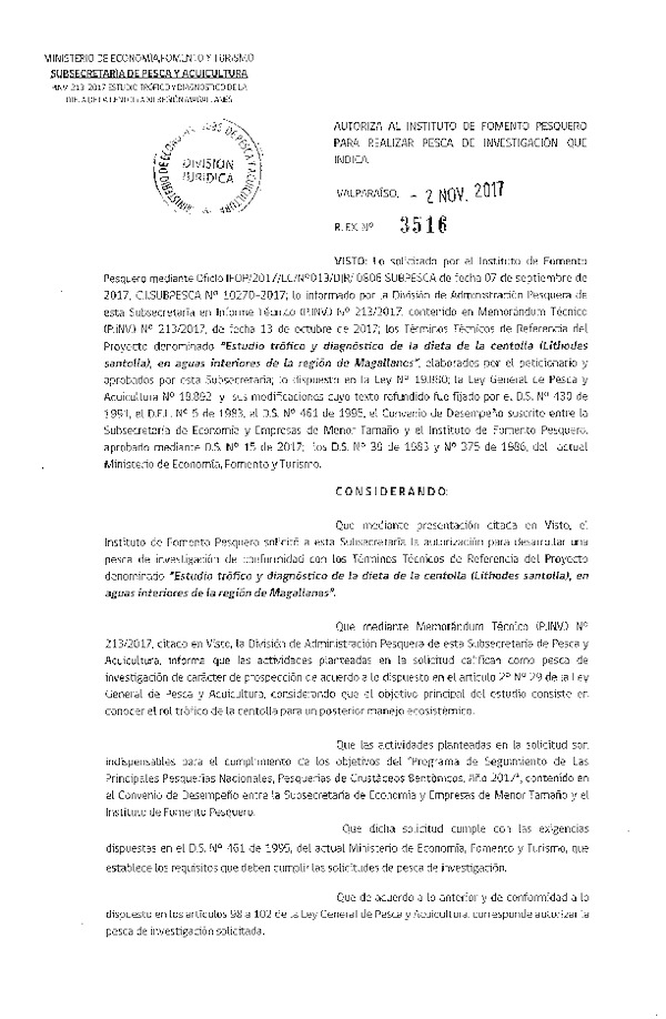Res. Ex. N° 3516-2017 Estudio trófico y diagnóstico dieta de la centolla, XII Región.