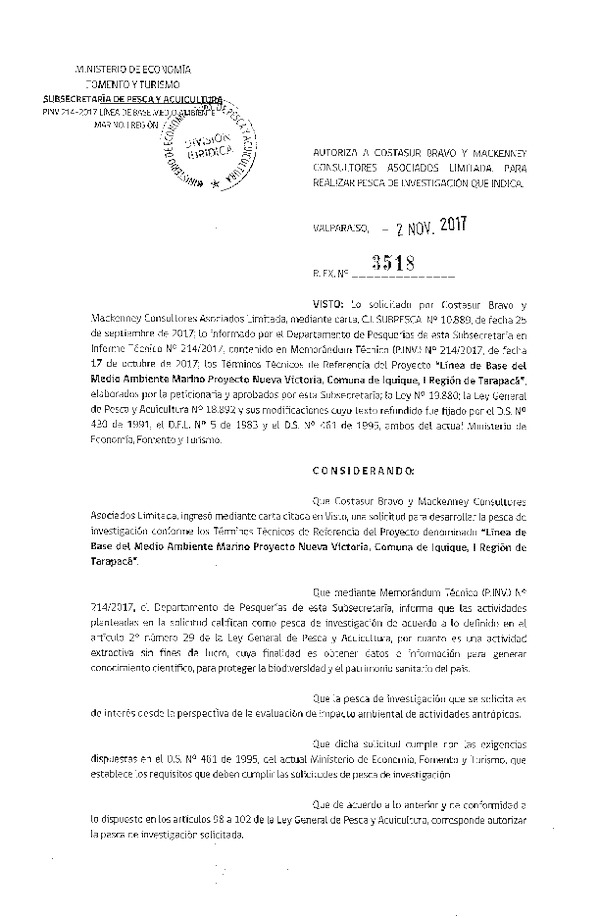 Res. Ex. N° 3518-2017 Línea de base del medio ambiente marino, I Región de Tarapacá.