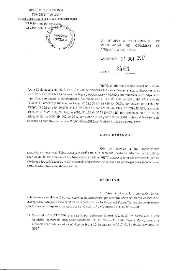 Res. Ex. N° 3503-2017 Da termino a procedimiento de modificación de concesión de acuicultura que indica.