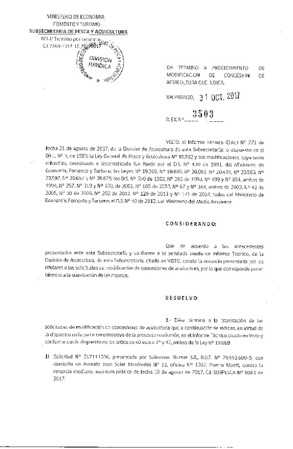 Res. Ex. N° 3503-2017 Da termino a procedimiento de modificación de concesión de acuicultura que indica.