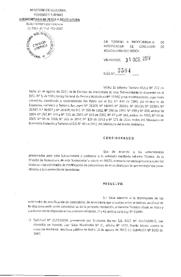 Res. Ex. N° 3504-2017 Da termino a procedimiento de modificación de concesión de acuicultura que indica.