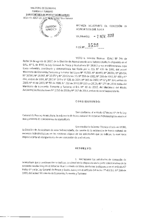 Res. Ex. N° 3526-2017 Rechaza solicitudes de concesión de acuicultura que indica.