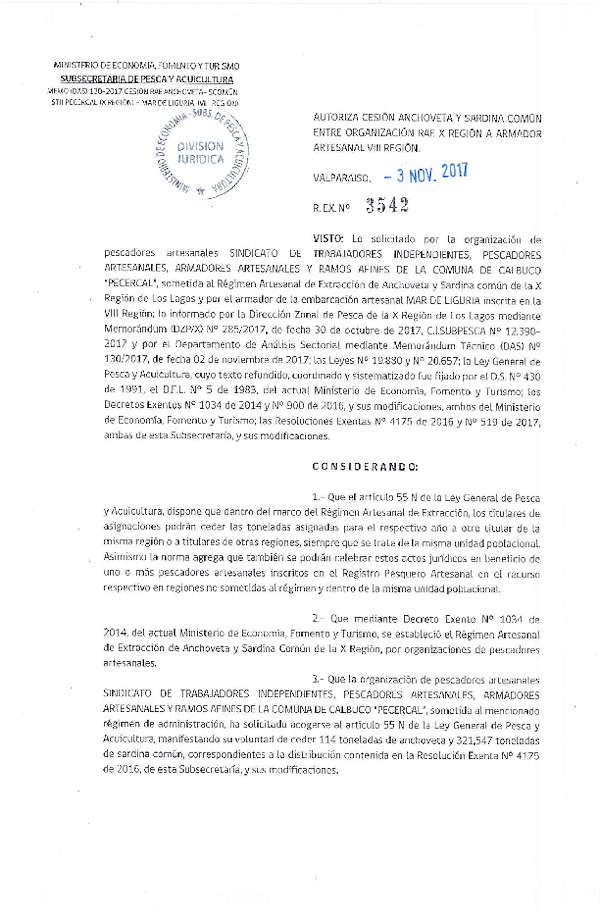 Res. Ex. N° 3542-2017 Autoriza cesión de Anchoveta y Sardina Común, X a VIII Región.