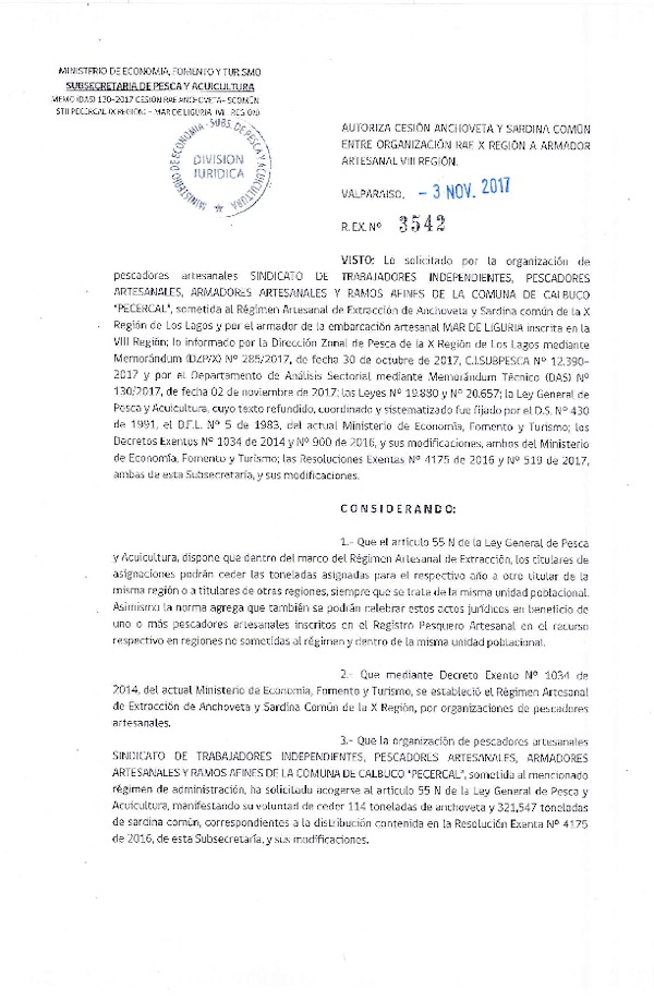 Res. Ex. N° 3542-2017 Autoriza cesión de Anchoveta y Sardina Común, X a VIII Región.