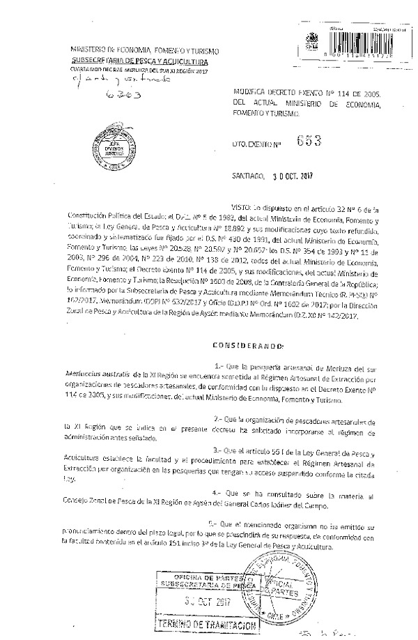 Dec. Ex. N° 653-2017 Modifica Dec. Ex. N° 114-2005 Establece Régimen Artesanal de Extracción por Organización para la Pesquería Artesanal de Merluza delo sur en la XI Región. (Publicado en Página Web 06-11-2017) (F.D.O. 07-11-2017)