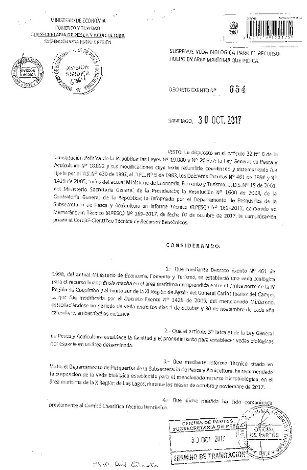 Dec. Ex. N° 654-2016 Suspende Veda Biológica para el Recurso Huepo en la X Región. (Publicado en Página Web 06-11-2017) (F.D.O. 07-11-2017)