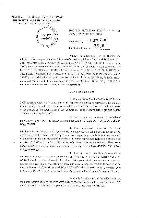 Res. Ex. N° 3530-2017 Modifica Res. Ex. N° 291-2015 Establece Puntos Biológicos de Referencia para Pesquerías Administradas con Licencias Transables de Pesca. (Publicado en Página Web 07-11-2017) (F.D.O. 16-11-2017)