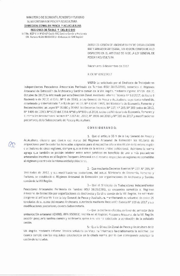 Res. Ex. N° 53-2017 (DZP VIII) Autoriza Cesión Anchoveta, VIII Región.