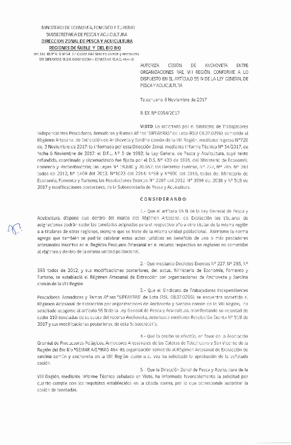 Res. Ex. N° 54-2017 (DZP VIII) Autoriza Cesión Anchoveta, VIII Región.