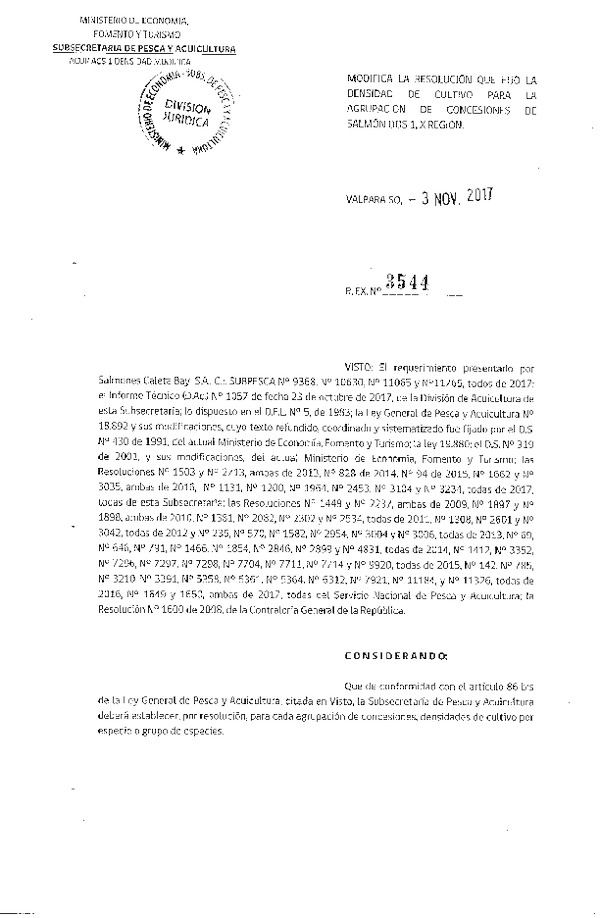 Res. Ex. N° 3544-2017 Modifica Res. Ex. N° 1200-2017 Fija Densidad de Cultivo para la Agrupación de Concesiones de Salmónidos 1, X Región. (Con Informe Técnico) (Publicado en Página Web 07-11-2017) (F.D.O. 16-11-2017)