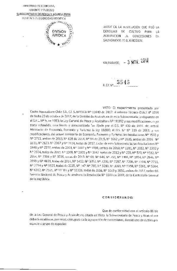 Res. Ex. N° 3545-2017 Modifica Res. Ex. N° 2123-2017 que Fija Densidad de Cultivo para la Agrupación de Concesiones de Salmónidos 25 B, XI Región. (Con Informe Técnico) (Publicado en Página Web 07-11-2017) (F.D.O. 16-11-2017)