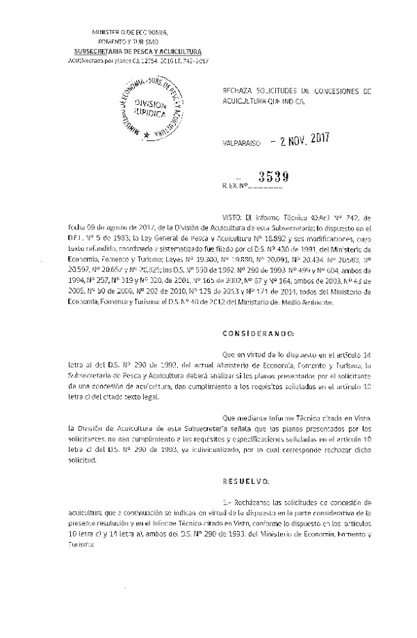 Res. Ex. N° 3539-2017 Rechaza solicitudes de concesiones de acuicultura que indica.