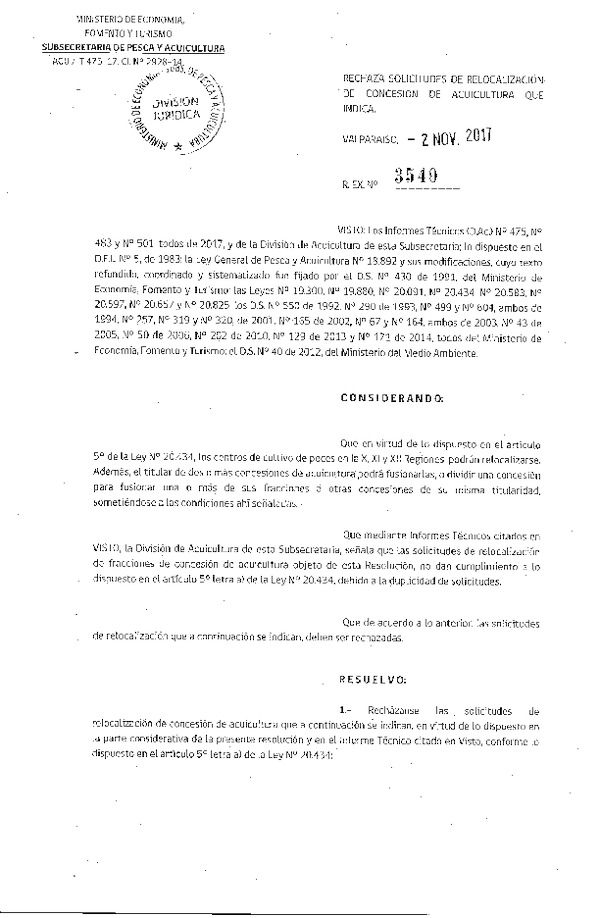 Res. Ex. N° 3540-2017 Rechaza solicitudes de relocalización de concesión de acuicultura que indica.