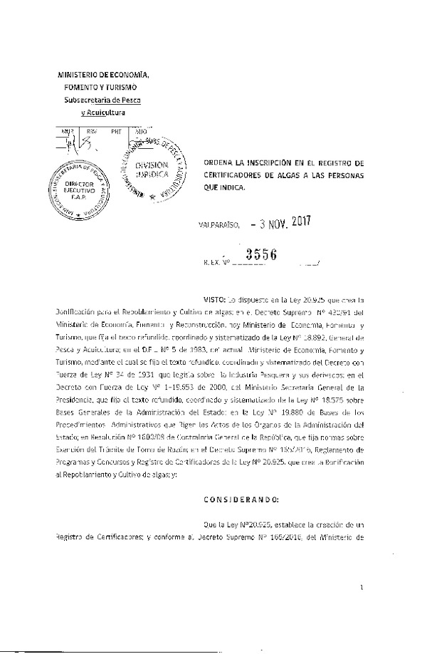 Res. Ex. N° 3556-2017 Ordena la Inscripción en el Registro de Certificadores de Algas a las Personas que Indica. (Publicado en Página Web 07-11-2017)