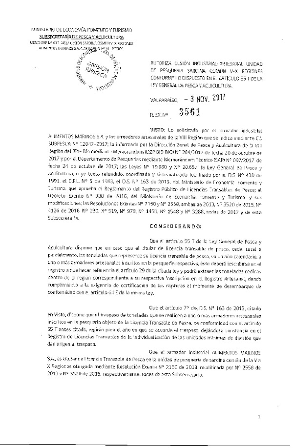 Res. Ex. N° 3561-2017 Cesión Sardina común, VIII Región.