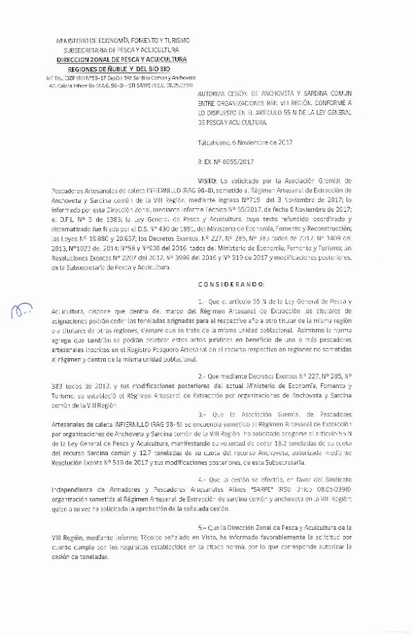 Res. Ex. N° 55-2017 (DZP VIII) Autoriza Cesión Anchoveta y Sardina común, VIII Región.