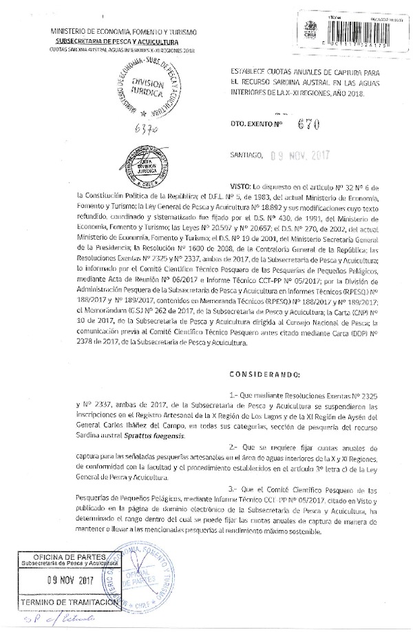 Dec. Ex. N° 670-2017 Establece Cuotas Anuales de Captura Recurso Sardina Austral en Aguas Interiores de la X-XI Región, Año 2018. (Publicado en Página Web 10-11-2017) (F.D.O. 15-11-2017)