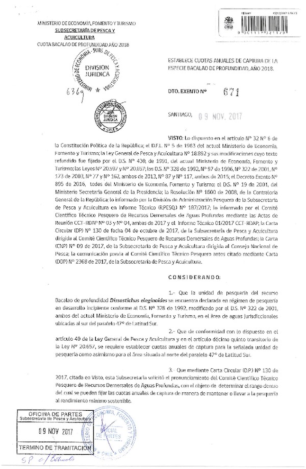 Dec. Ex. N° 671-2017 Establece Cuotas Anuales de Captura Especie Bacalao de Profundidad, Año 2018. (Publicado en Página Web 10-11-2017) (F.D.O. 15-11-2017)