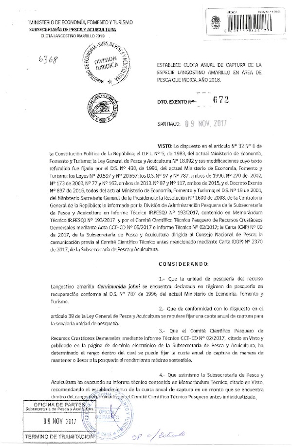 Dec. Ex. N° 672-2017 Establece Cuotas Anuales de Captura Especie Langostino Amarillo, V-VIII Regiones. Año 2018. (Publicado en Página Web 10-11-2017) (F.D.O. 15-11-2017)