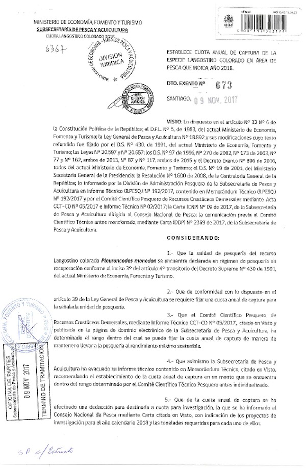 Dec. Ex. N° 673-2017 Establece Cuotas Anuales de Captura Especie Langostino Colorado, V-VIII Regiones. Año 2018. (Publicado en Página Web 10-11-2017) (F.D.O. 15-11-2017)