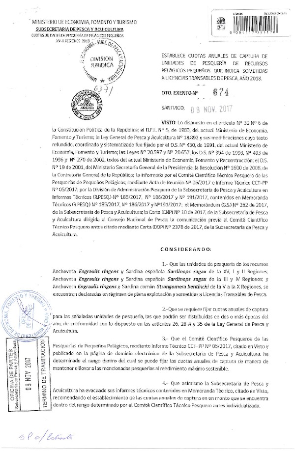 Dec. Ex. N° 674-2017 Establece Cuotas Anuales de Captura Unidades de Pesquerías de Recursos Pelágicos Pequeños que Indica, Sometidas a LTP Año 2018. (Publicado en Página Web 10-11-2017) (F.D.O. 15-11-2017)