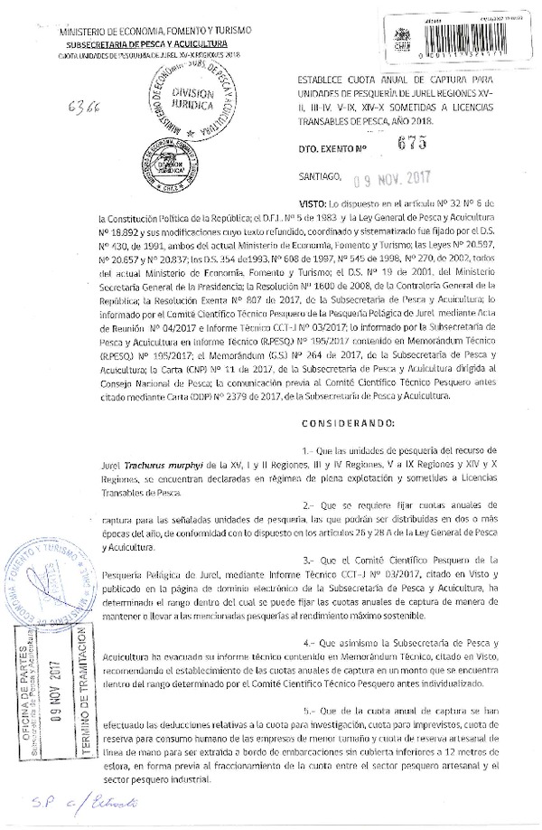 Dec. Ex. N° 675-2017 Establece Cuotas Anuales de Captura Unidades de Pesquerías de Jurel, XV-X Regiones, Sometidas a LTP, Año 2018. (Publicado en Página Web 10-11-2017) (F.D.O. 15-11-2017)