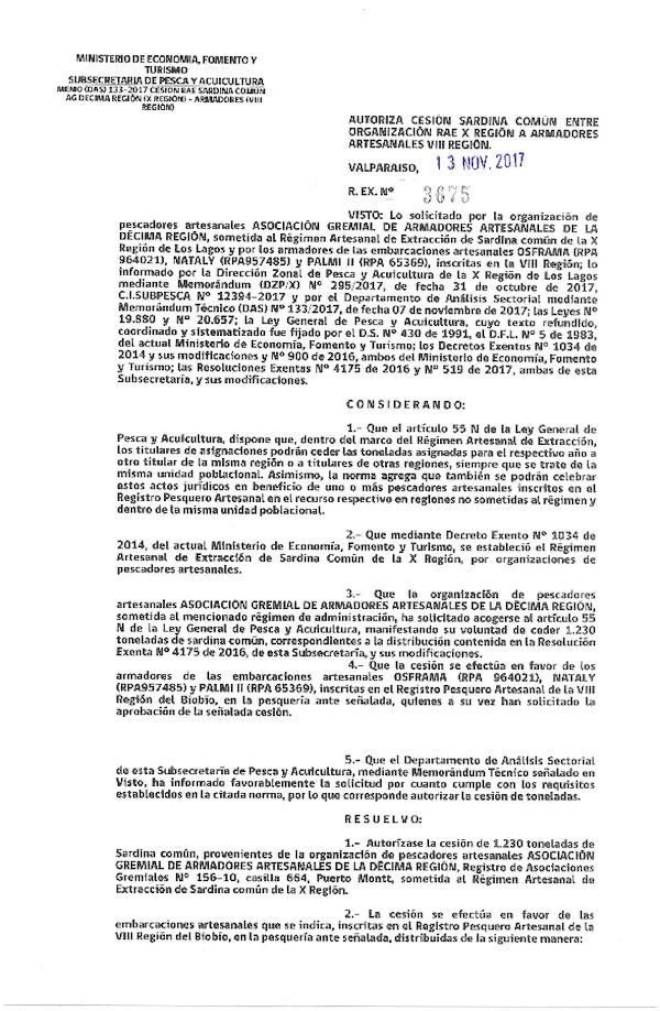 Res. Ex. N° 3675-2017 Autoriza cesión Sardina común entre organización RAE X región a armadores artesanales VIII región. (Publicado en Página Web 13-11-2017)