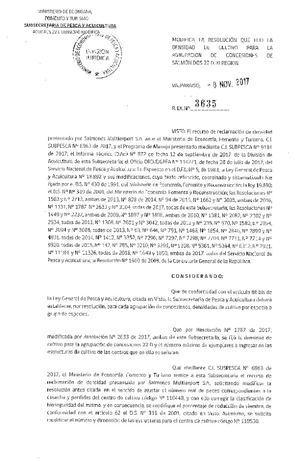 Res. Ex. N° 3635-2017 Modifica Res. Ex. N° 1787-2017 Fija Densidad de Cultivo para la Agrupación de Concesiones de Salmónidos 22 D, XI Región. (Con Informe Técnico) (Publicado en Página Web 14-11-2017) (F.D.O. 17-11-2017)