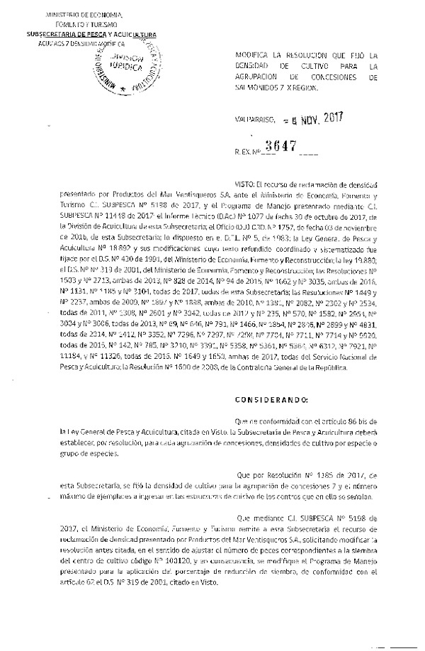 Res. Ex. N° 3647-2017 Modifica Res. Ex. N° 3397-2017 Fija Densidad de Cultivo para la Agrupación de Concesiones de Salmónidos 20 en la XI Región. (Publicado en Página Web 14-11-2017) (F.D.O. 18-11-2017)