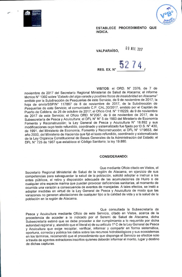 Res. Ex.  N° 5274-2017 (Sernapesca) Establece procedimiento de retiro y traslado de algas varadas producto de marejadas en la región de Atacama. (Publicado en Página Web 14-11-2017)