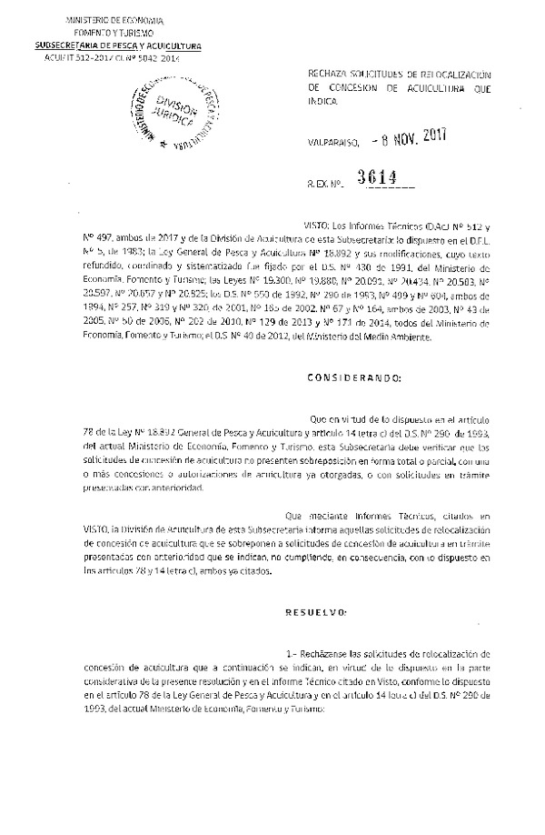 Res. Ex. N° 3614-2017 Rechaza solicitudes de relocalización de concesión de acuicultura que indica.