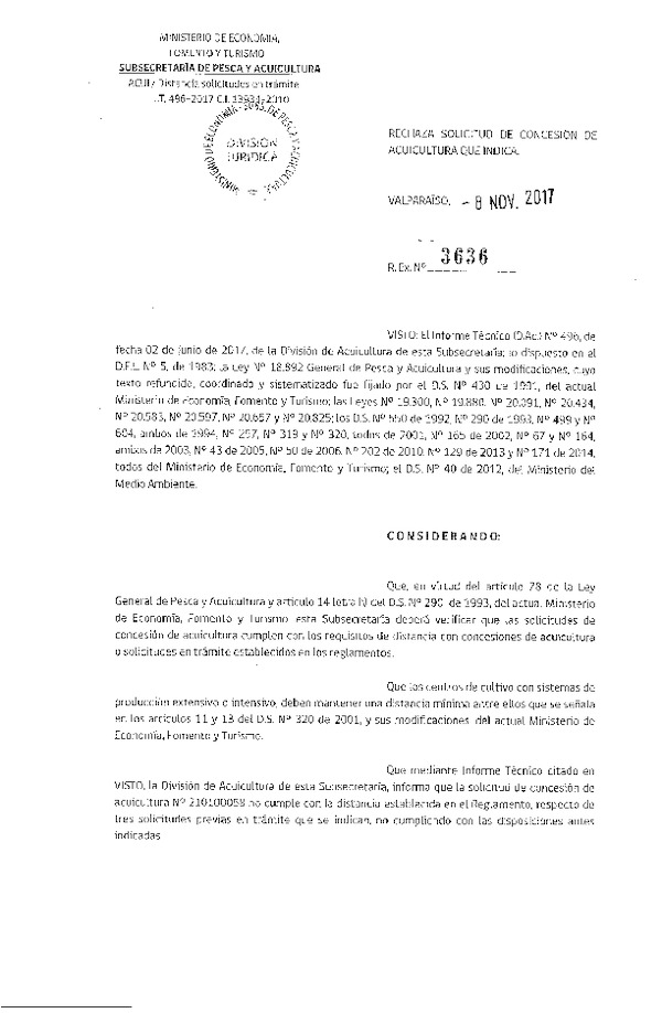 Res. Ex. N° 3636-2017 Rechaza solicitud de concesión de acuicultura que indica.