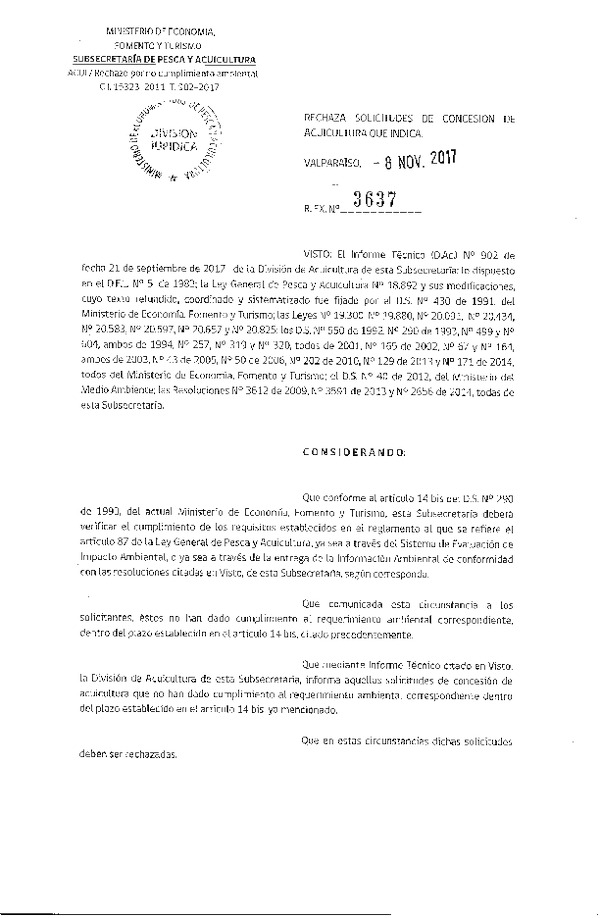 Res. Ex. N° 3637-2017 Rechaza solicitudes de concesiones de acuicultura que indica.