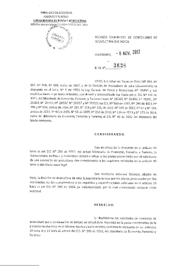 Res. Ex. N° 3638-2017 Rechaza solicitudes de concesiones de acuicultura que indica.