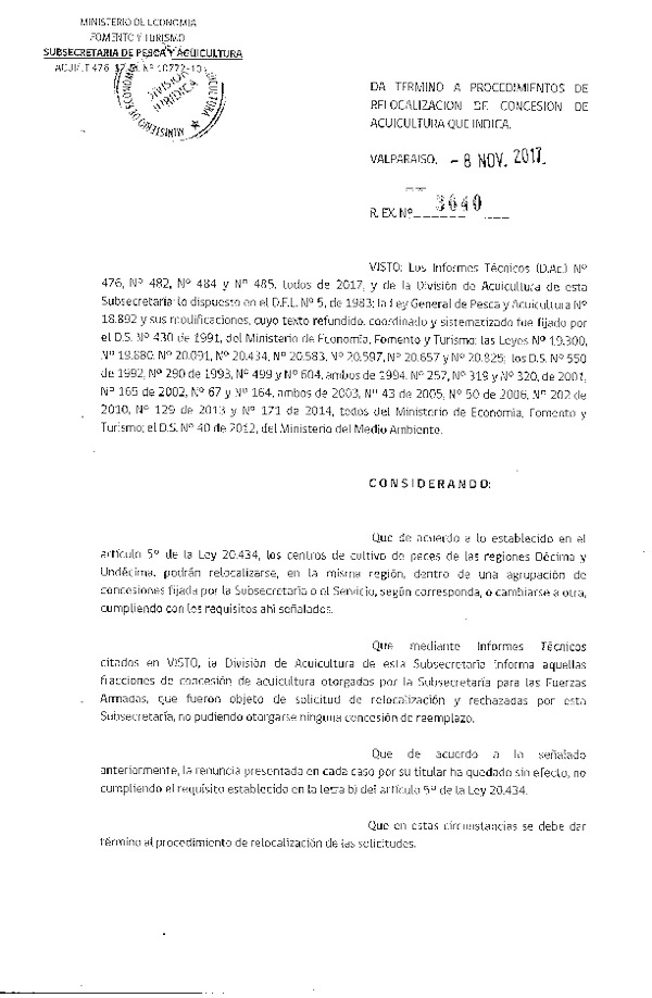 Res. Ex. N° 3640-2017 Da termino a procedimiento de relocalización de concesión de acuicultura que indica.