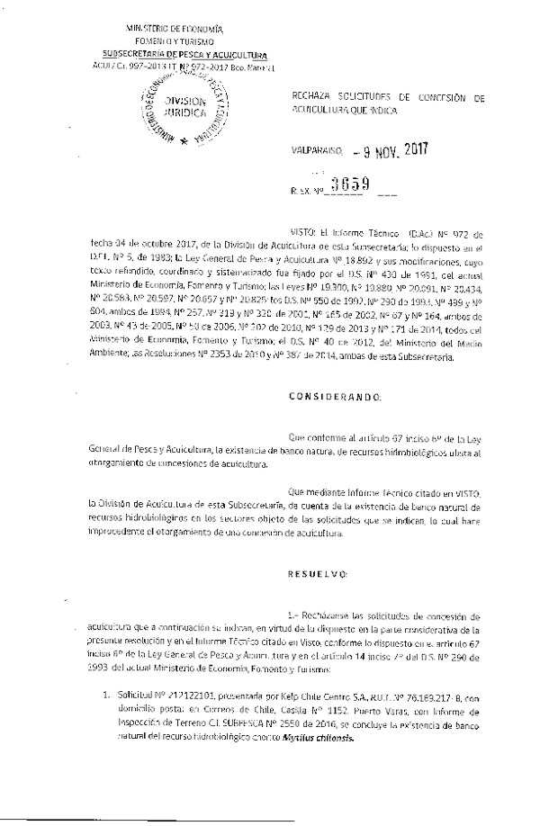 Res. Ex. N° 3659-2017 Rechaza solicitudes de concesión de acuicultura que indica.