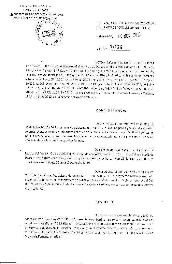 Res. Ex. N° 3666-2017 Rechaza solicitud de relocalización de concesión de acuicultura que indica.