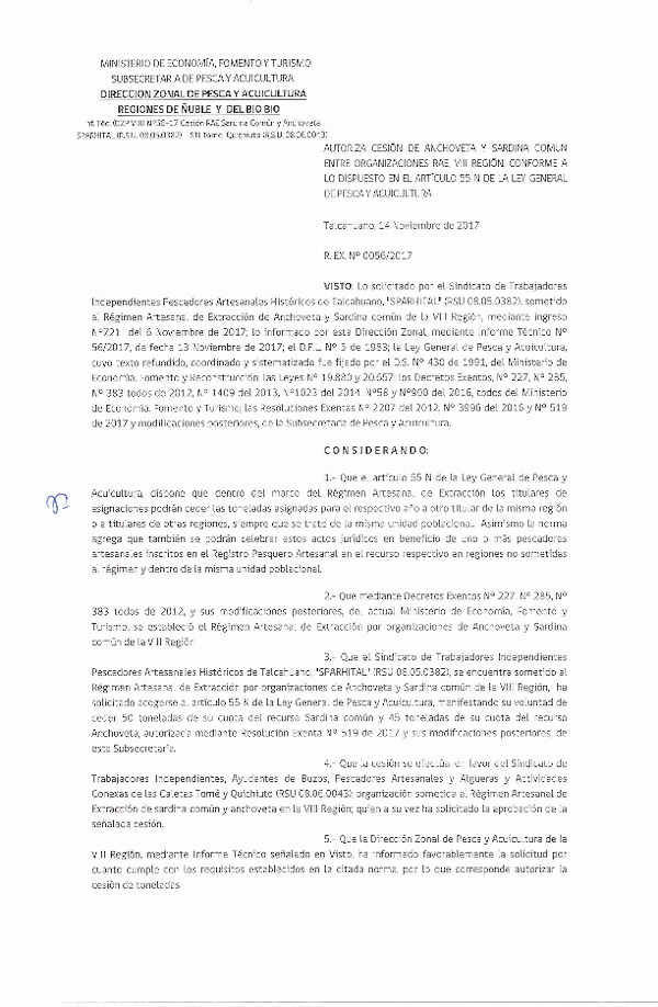 Res. Ex. N° 56-2017 (DZP VIII) Autoriza Cesión Anchoveta y Sardina común, VIII Región.