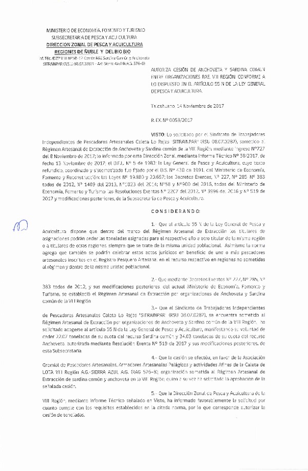 Res. Ex. N° 58-2017 (DZP VIII) Autoriza Cesión Anchoveta y Sardina común, VIII Región.