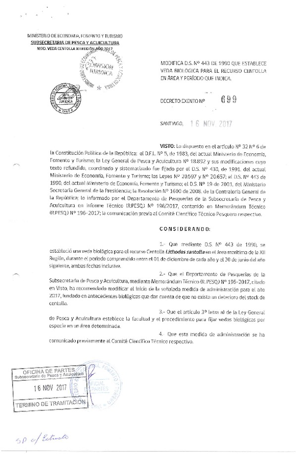 Dec. Ex. N° 699-2017 Modifica D.S. N° 443-1990 Veda Biológica Recurso Centolla, XII Región. (Publicado en Página Web 17-11-2017) (F.D.O. 22-11-2017)