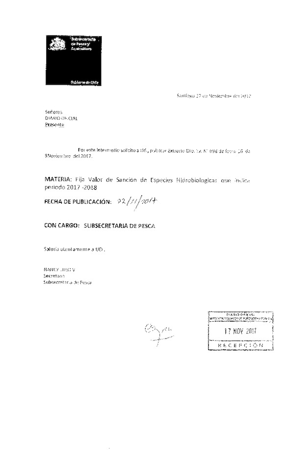 Dec. Ex. Nº 698-2017 Fija Valor de Sanción de Especies hidrobiológicas que indica, Período 2017-2018. (Publicado en Página Web 20-11-2017) (F.D.O. 22-11-2017)