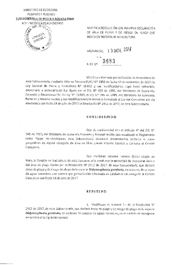 Res. Ex. N° 3683-2017 Modifica Res. Ex. N° 2412-2017 Renueva Declaración de Área de Plaga y de Riesgo de Plaga que Indica, en Cuerpos de Agua de la VIII-XII Regiones. (Publicado en en Página Web 20-11-2017) (F.D.O. 21-11-2017)