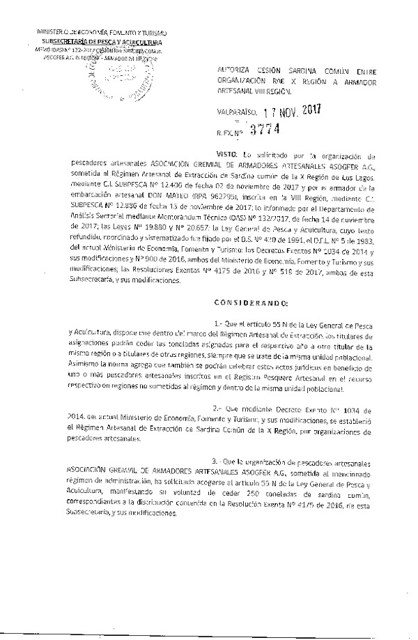 Res. Ex. N° 3774-2017 Autoriza cesión Sardina común X a VIII Región.