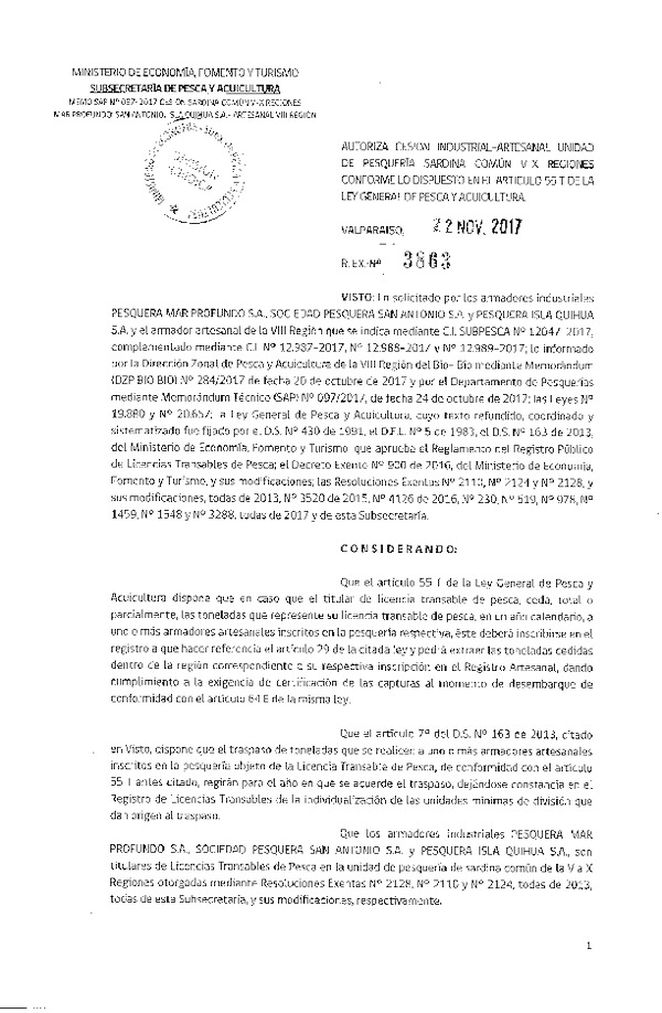 Res. Ex. N° 3863-2017 Autoriza cesión Anchoveta y Sardina Común VIII Región.