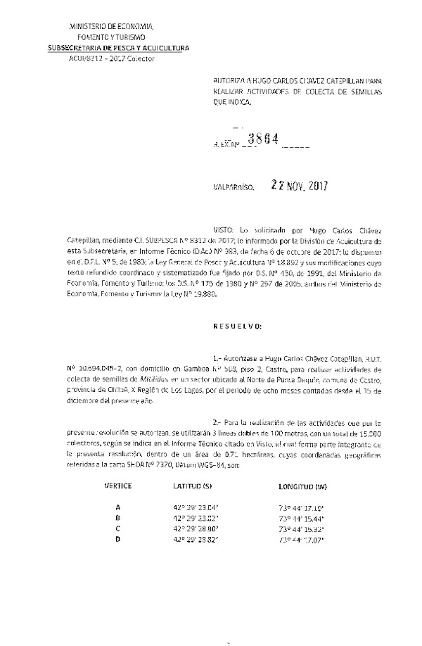 Res. Ex. N° 3894-2017 Designa Funcionario de la Subsecretaría de Pesca y Acuicultura en Comité de Congrio Dorado en Calidad Ad Hoc, (Publicado en Página Web 22-11-2017)